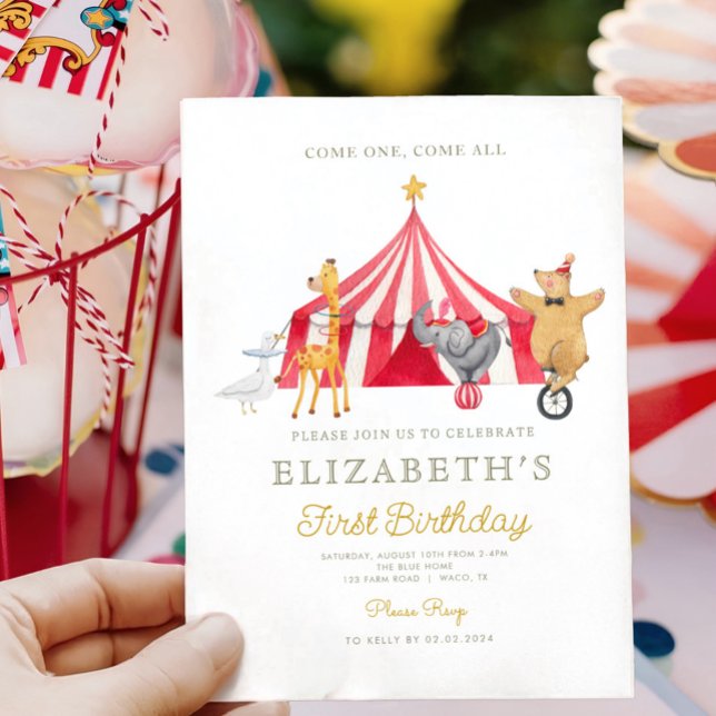 Watercolor Red Circus Carnival Baby Birthday Invitation (Creator Uploaded)