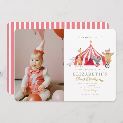 Watercolor Red Circus Photo Carnival Baby Birthday Invitation