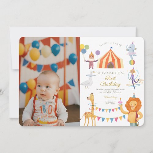 Watercolor Red Circus Photo Carnival Baby Birthday Invitation