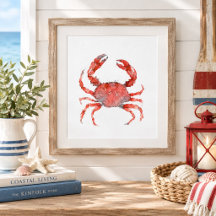 Watercolor Red Crab Painting Coastal Wall art