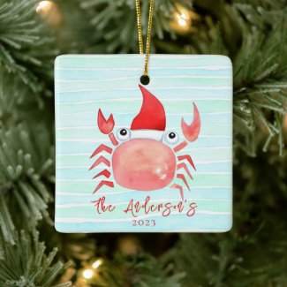 Watercolor Red Crab Santa Hat Beach Christmas