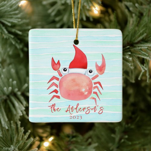 Watercolor Red Crab Santa Hat Beach Christmas Ceramic Ornament