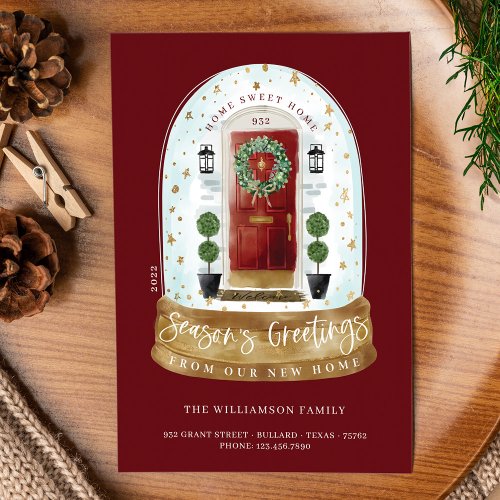 Watercolor Red Door Snow Globe New Home Photo Holiday Card