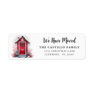 Watercolor Red Door We Have Moved Christmas Label