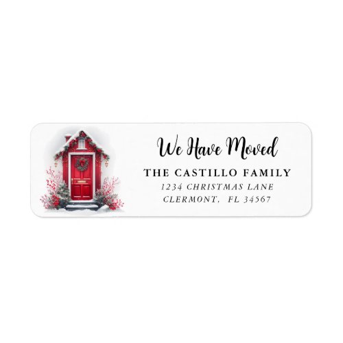 Watercolor Red Door We Have Moved Christmas Label