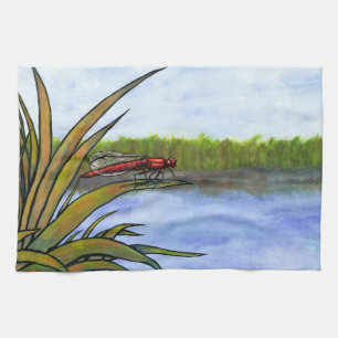 watercolor red dragonfly sitting on grass and lake towel