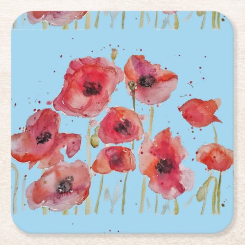 Watercolor Red Flanders Poppy Floral Square Paper Square Paper Coaster
