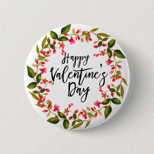 Watercolor Red Floral and Greenery Valentine Pinback Button