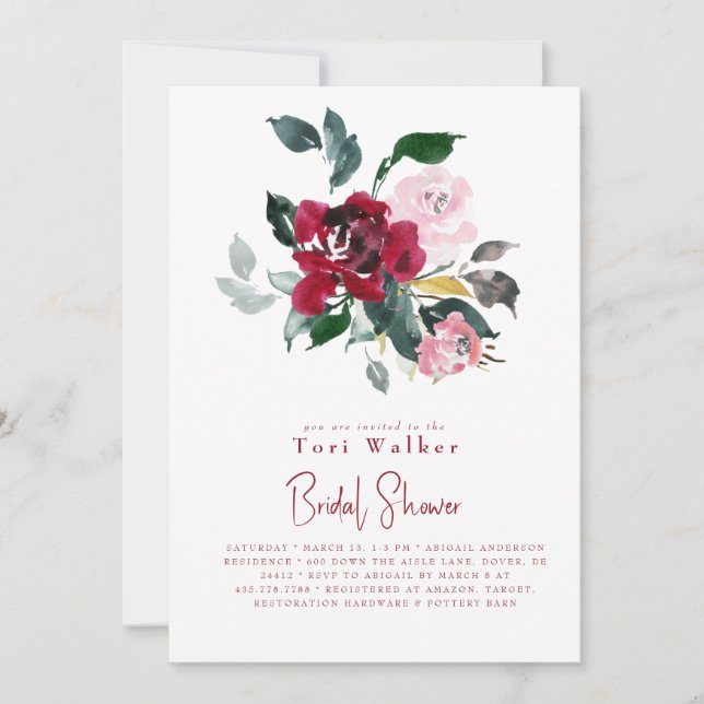 Watercolor Red Floral B/W Photo Bridal Shower  Invitation (Front)