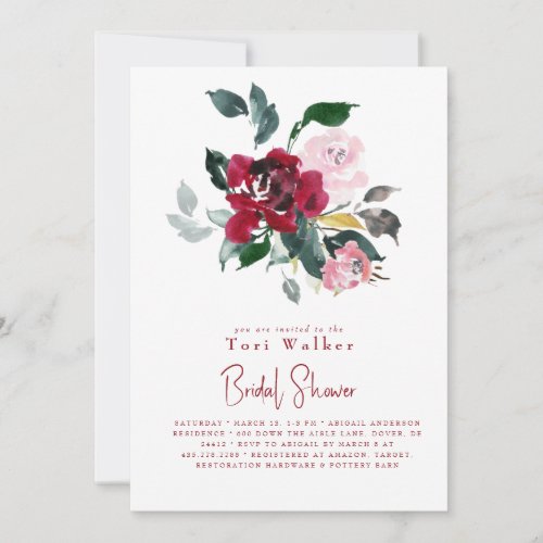 Watercolor Red Floral BW Photo Bridal Shower  Invitation