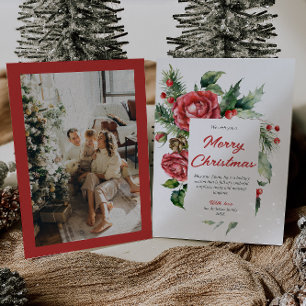 Watercolor Red Floral Berries Photo Christmas Holiday Card
