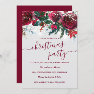 Watercolor Red Floral Christmas Party Invitation