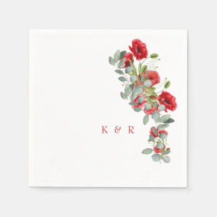 Watercolor Red Floral Eucalyptus Initials Wedding Napkins