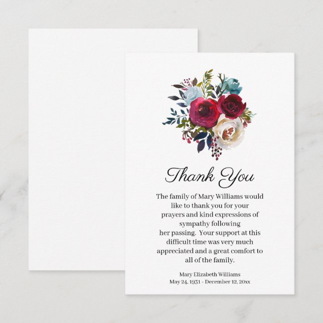 Watercolor Red Floral Funeral Thank You Card (Front/Back)