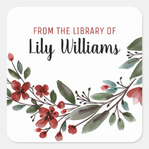 Watercolor Red Floral Library Bookplate