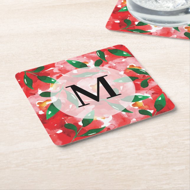 Watercolor Red Floral Monogram Square Paper Coaster (Angled)