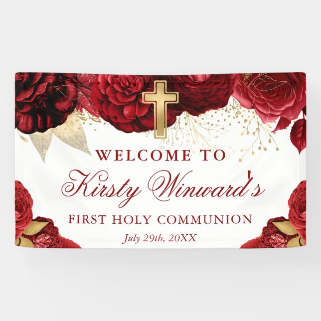 Watercolor Red Flowers First Holy Communion Banner (Horizontal)
