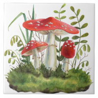 Watercolor Red Forest Wild Mushrooms