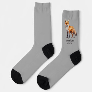Watercolor Red Fox Drawing, Text on Gray Socks