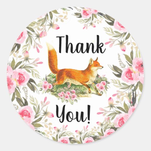 Watercolor Red Fox Pink Floral Roses Thank You Classic Round Sticker