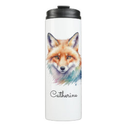 Watercolor Red Fox Portrait Personalized Name Thermal Tumbler