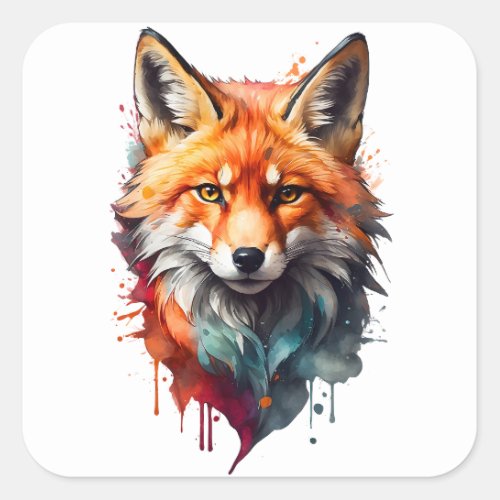 Watercolor Red Fox Splatter Portrait Ink Splash Square Sticker