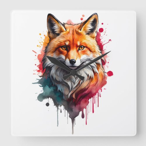 Watercolor Red Fox Splatter Portrait Splash Ink  Square Wall Clock