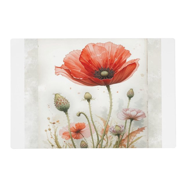 Watercolor Red Garden Flower Poppy Floral Placemat (Front)