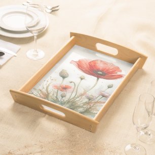 Watercolor Red Garden Flower Poppy Floral Serving Tray