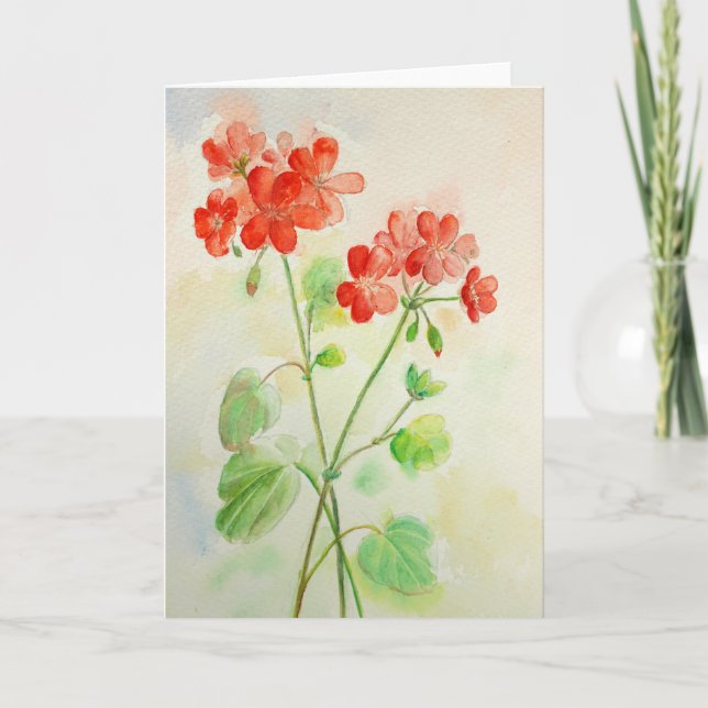 Watercolor Red Geranium Greeting Card (Front)