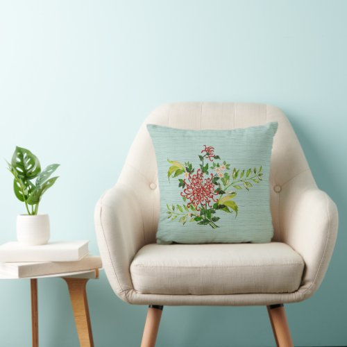 Watercolor Red Gerbera Daisy w Greenery Plastic Throw Pillow