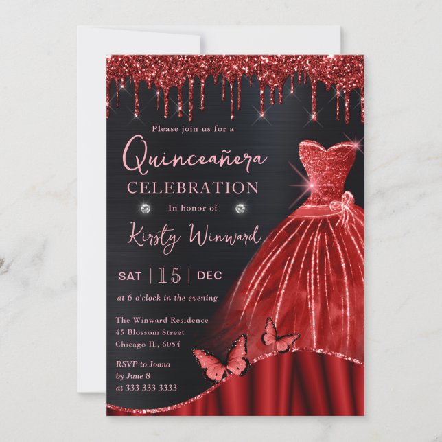 Watercolor Red Glitter Dress Quinceanera Invitation (Front)