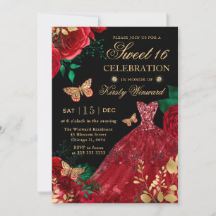 Watercolor Red Glitter Dress & Roses Sweet Sixteen Invitation