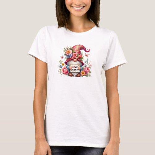 Watercolor red gnome with flowers I love my mom T_Shirt