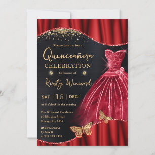 Watercolor Red & Gold Glitter Dress Quinceanera Invitation