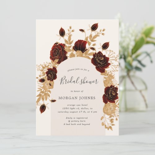 Watercolor Red Gold Roses Bridal Shower Invite