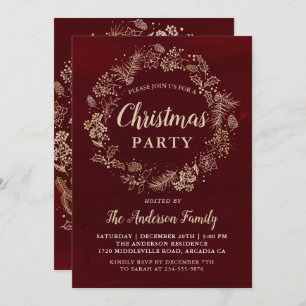 Watercolor Red Gold Wreath Christmas Party Invitation
