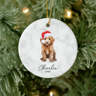 Watercolor Red Goldendoodle Farmhouse Christmas Ceramic Ornament
