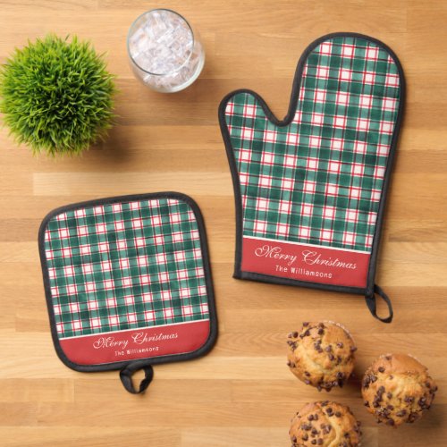 Watercolor Red  Green Buffalo Plaid Chirstmas Oven Mitt  Pot Holder Set