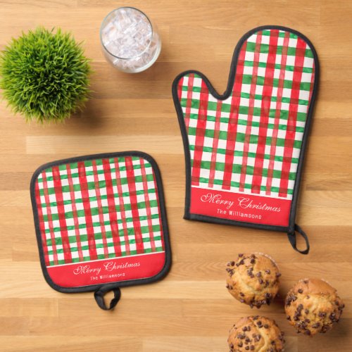 Watercolor Red  Green Buffalo Plaid Custom Oven Mitt  Pot Holder Set