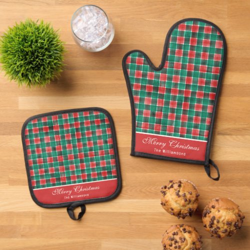 Watercolor Red  Green Buffalo Plaid Custom Oven Mitt  Pot Holder Set