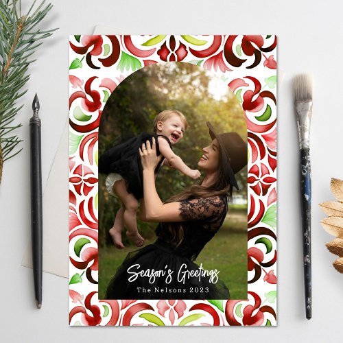 Watercolor Red  Green Christmas Photo Arch Holiday Card
