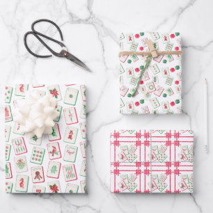 Watercolor Red & Green Christmas Tiles Wrapping Paper Sheets