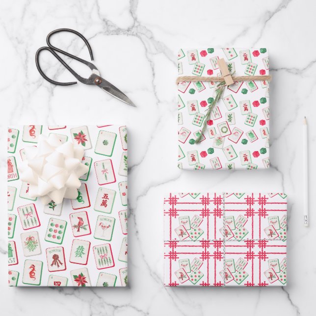 Watercolor Red & Green Christmas Tiles Wrapping Paper Sheets (Front)