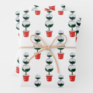 Watercolor Red & Green Christmas Topiary Wrapping Paper Sheets