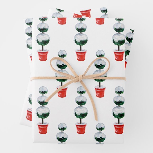 Watercolor Red & Green Christmas Topiary Wrapping Paper Sheets (In situ)