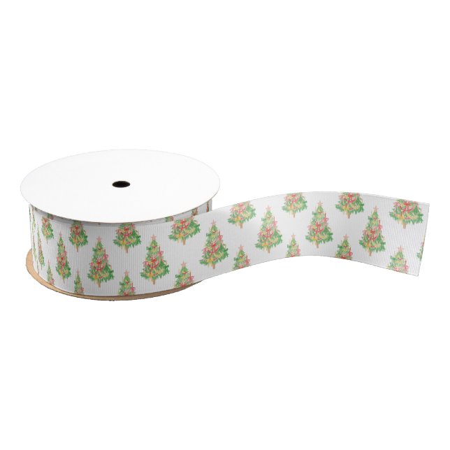 Watercolor Red & Green Coquette Christmas Tree Grosgrain Ribbon (Spool)