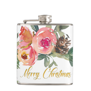 Watercolor Red Green Floral Christmas Flask