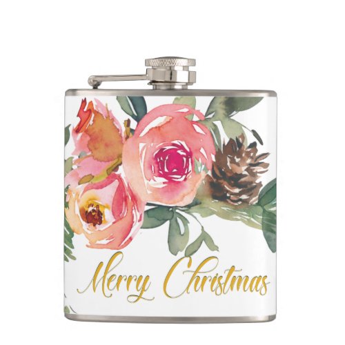 Watercolor Red Green Floral Christmas Flask