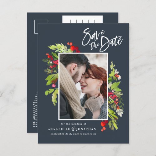 Watercolor red green foliage photo save the date a announcement postcard